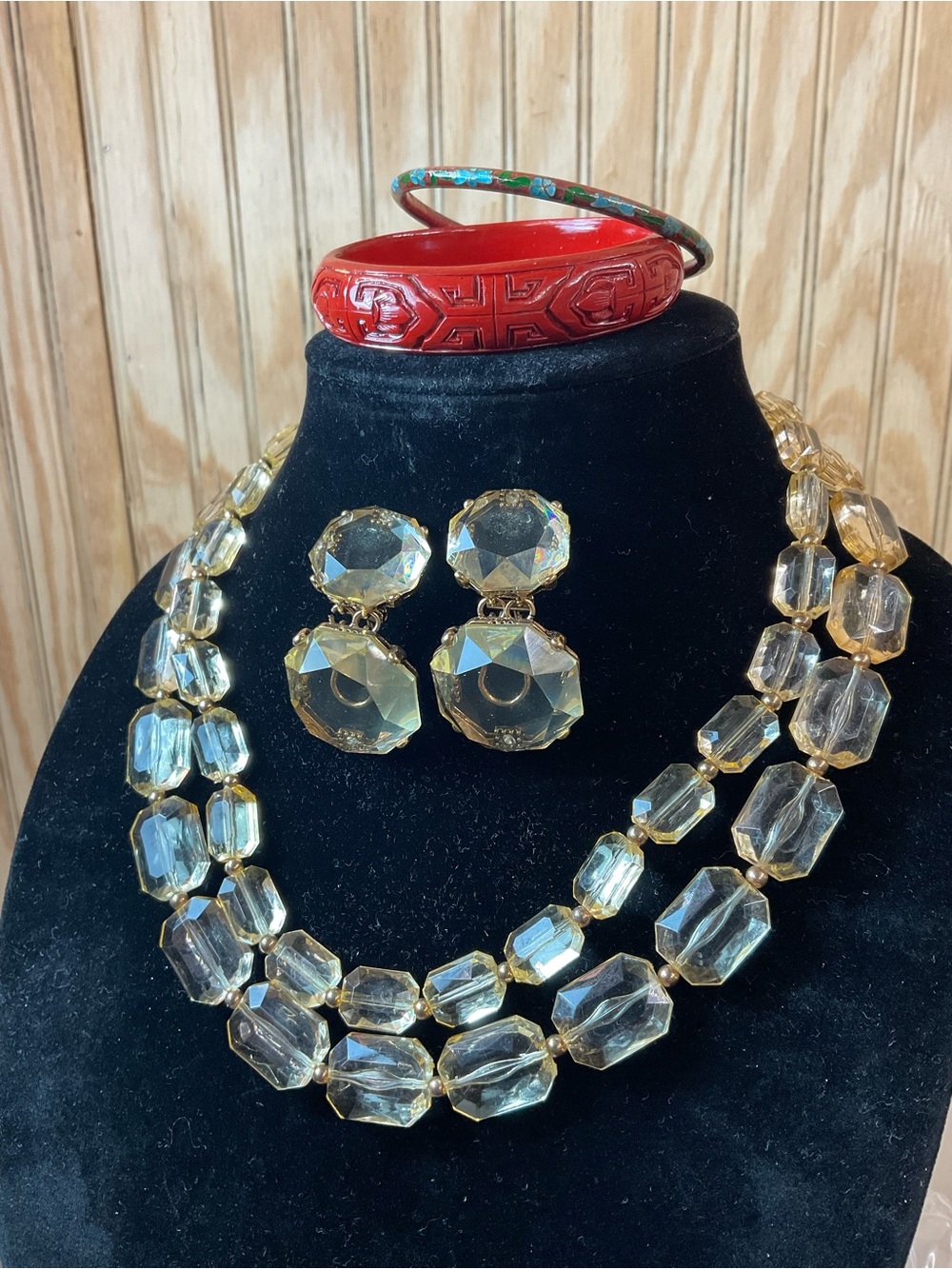 Classic Double-Strand Necklace with Drop Earrings and cloisonné bangle